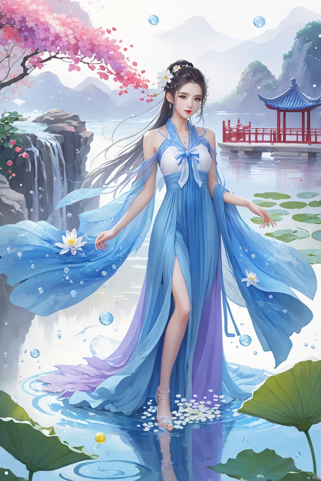 1 Girl, Laurie, petite, long hair, floating hair, messy hair, white hair, bow knot, braid, blue eyes, bright dress, floating, looking at the audience, feet soaking, goddess, water lily, lotus, ocean, partially submerged, bubbles, beach, berries, blue flowers, bouquet, foam, camellia, caustics, clover, coral, daisy, flower background, flowers, food, fruit, hibiscus, horizon, hydrangea, Water, leaves, lilies, lilies of the valley, petals on liquid, pink flowers, purple flowers, rain, red flowers, ripples, roses, shallow water, snowflakes, waves, white roses, yellow flowers, ((poakl)), Light master, glint sparkle, gonggongshi, traditional chinese ink painting, flower,flower, tyqp, shui, 1girl,short skirt,, see-through, Happy Water Park,huaxianzi, guofengZ, chineseclothes,dress, yue , hair ornament , hanfu, bailing_model,1girl, full body,japanese clothes, arien_hanfu, dancedress, See through, hanfu, xcfs, NVZ, Denim jumpsuit