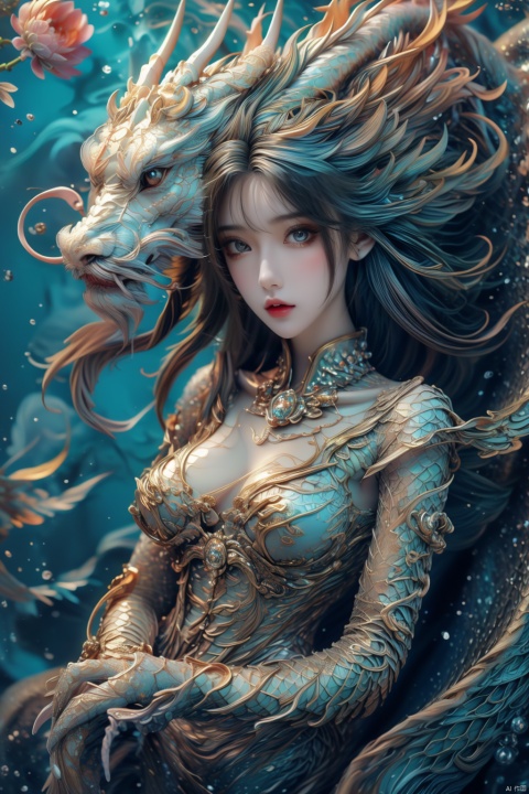 A girl with long hair, front, elegant, sexy, cool and gorgeous, a white dragon hovering over her, colorful, crystal, peony, fashionable, depth of field, semi transparent, (masterpiece, top quality, best quality, official art, beauty and aesthetics: 1.2)