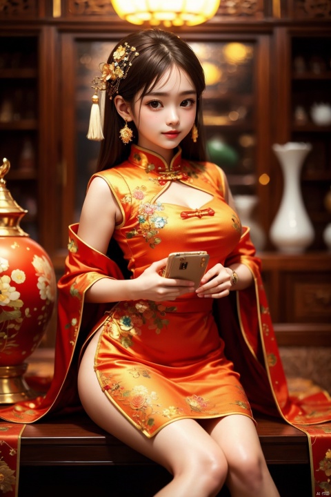 (Global lighting, realism, ray tracing, HDR, rendering, reasonable design, high detail, masterpiece, best quality, ultra-high definition, movie lighting), 1 girl, looking at the audience, Chinese long dress (qipao), qipao pattern (Van Gogh's starry sky), headwear, necklace, earrings, crystals, jewelry, playful posture, smile, plump body, slender legs, young girl's body proportion, depth of field, blurred background, Chinese architectural interior (local), Chinese style, (high quality), best quality, (masterpiece), blurry background, rich colors, fine details, surrealism, 50mm lens, relaxed atmosphere. Portrait photography, 35mm film, naturally blurry, ((poakl)), , fangao