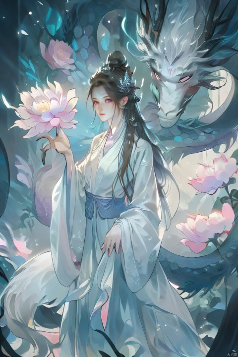  A girl with long hair, front, elegant, sexy, cool and gorgeous, a white dragon hovering over her, colorful, crystal, peony, fashionable, depth of field, semi transparent, (masterpiece, top quality, best quality, official art, beauty and aesthetics: 1.2)