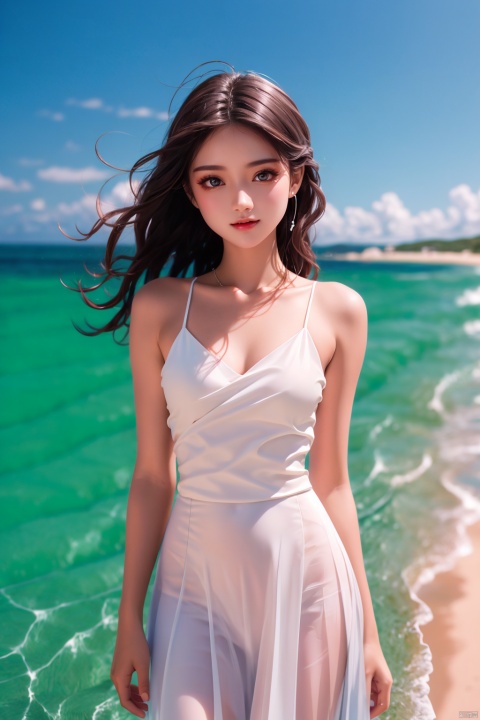 1 girl, (bright eyes, skin kissed by sunlight, carefree expression), fashion, (upper body wrapped in white, lower body colored long skirt), playful posture, smile, plump body, slender legs, young girl's body proportion, beach background, lighthouse, soft sea breeze, dynamic composition, prime time lighting, blurred background, rich colors, fine details, surrealism, 50mm lens, relaxed atmosphere. Portrait photography, 35mm film, naturally blurry, ((poakl)),