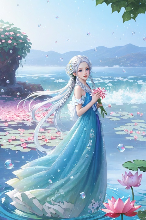 1 Girl, Laurie, petite, long hair, floating hair, messy hair, white hair, bow knot, braid, blue eyes, bright dress, floating, looking at the audience, feet soaking, goddess, water lily, lotus, ocean, partially submerged, bubbles, beach, berries, blue flowers, bouquet, foam, camellia, caustics, clover, coral, daisy, flower background, flowers, food, fruit, hibiscus, horizon, hydrangea, Water, leaves, lilies, lilies of the valley, petals on liquid, pink flowers, purple flowers, rain, red flowers, ripples, roses, shallow water, snowflakes, waves, white roses, yellow flowers, bailing_model, ((poakl)), , miaoyuansu