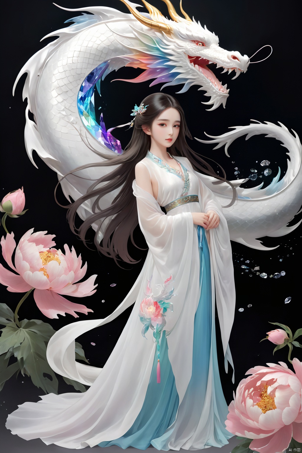 A girl with long hair, full body, front, elegant, sexy, cool and gorgeous, a white dragon hovering over her, colorful, crystal, peony, fashionable, depth of field, semi transparent, (masterpiece, top quality, best quality, official art, beauty and aesthetics: 1.2)