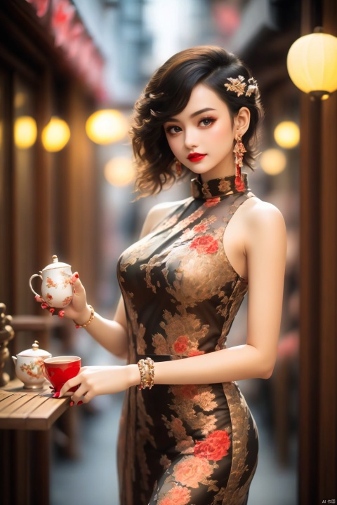 1 Girl, looking at the audience, short hair, bangs, black hair, hair accessories, black sleeveless skirt, bare shoulders, jewelry, flowers, earrings, nail polish, bracelets, makeup, cups, standing against a chair, printed background, table, red nails, tea cups, lanterns, red lips, lights, teapots, vases, lifelike, high-definition picture quality, soft light., tyqp