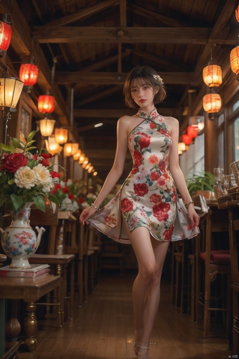 1 Girl, looking at the audience, short hair, bangs, black hair, hair ornaments, black sleeveless cheongsam, bare shoulders, jewelry, flowers, earrings, nail polish, bracelets, makeup, cups, standing against chairs, flower prints, tables, red nails, tea cups, lanterns, red lips, lights, tea pots, vases, lifelike, high-definition picture quality, soft light., flower