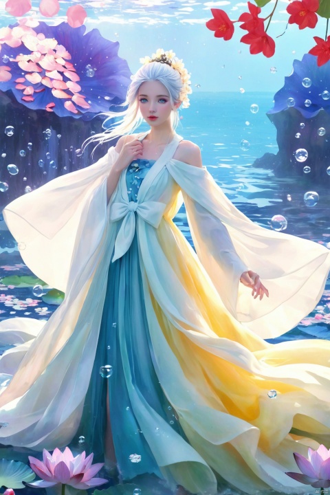 1 Girl, Laurie, petite, long hair, floating hair, messy hair, white hair, bow knot, braid, blue eyes, bright dress, floating, looking at the audience, feet soaking, goddess, water lily, lotus, ocean, partially submerged, bubbles, beach, berries, blue flowers, bouquet, foam, camellia, caustics, clover, coral, daisy, flower background, flowers, food, fruit, hibiscus, horizon, hydrangea, Water, leaves, lilies, lilies of the valley, petals on liquid, pink flowers, purple flowers, rain, red flowers, ripples, roses, shallow water, snowflakes, waves, white roses, yellow flowers, bailing_model, ((poakl)), , fur_coat