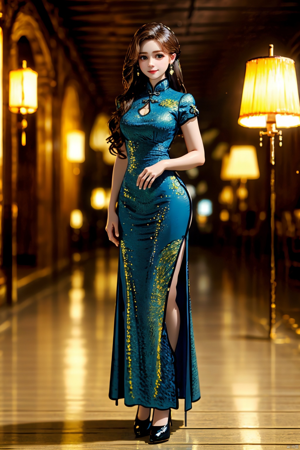(Global lighting, realism, ray tracing, HDR, rendering, reasonable design, high detail, masterpiece, best quality, ultra-high definition, movie lighting), 1 girl, looking at the audience, Chinese long dress (qipao), qipao pattern (Van Gogh's starry sky), accessories, necklaces, earrings, crystals, jewelry, playful posture, smile, full body, slender legs, young girl's body proportion, depth of field, blurred background, Chinese architectural interior, Chinese style, (high quality), best quality, (masterpiece), blurry background, rich colors, fine details, surrealism, 50mm lens, relaxed atmosphere. Portrait photography, 35mm film, naturally blurry, ((poakl)),  , cute girl