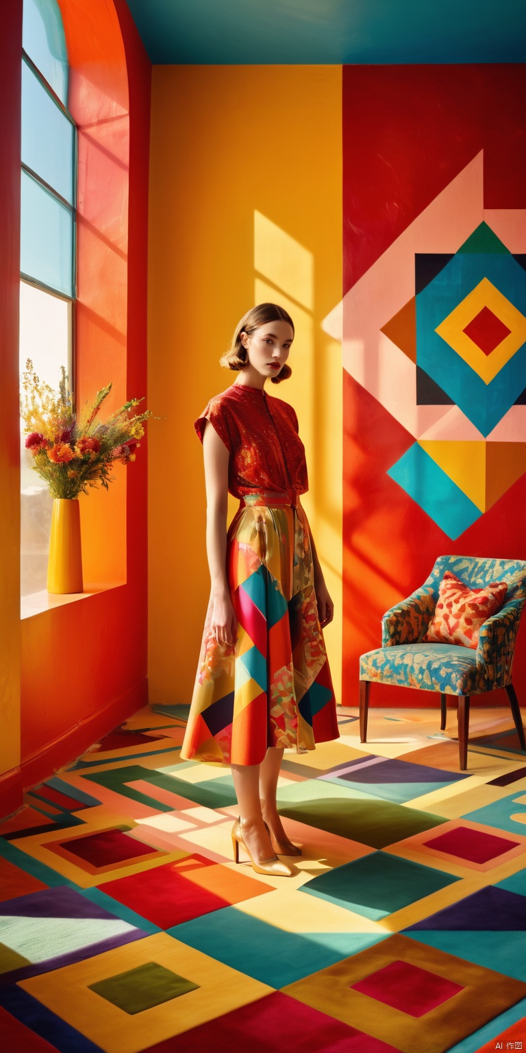  1girl, dofas,A young girl stood indoors, dressed in bright and colorful clothes, holding a bouquet of bright flowers, all over her body. The walls are decorated with abstract geometric patterns, and the floor is covered with colorful carpets. The sunlight shines in through the window, bringing warmth and vitality to the entire room. High resolution images, popular on Pinterest, vibrant colors, bold patterns, mid century modern style, Memphis design, influence of popular art, cheerful atmosphere, soft colors, close-up shots, professional photography, red and gold clothes, bailing_model,1girl, full body