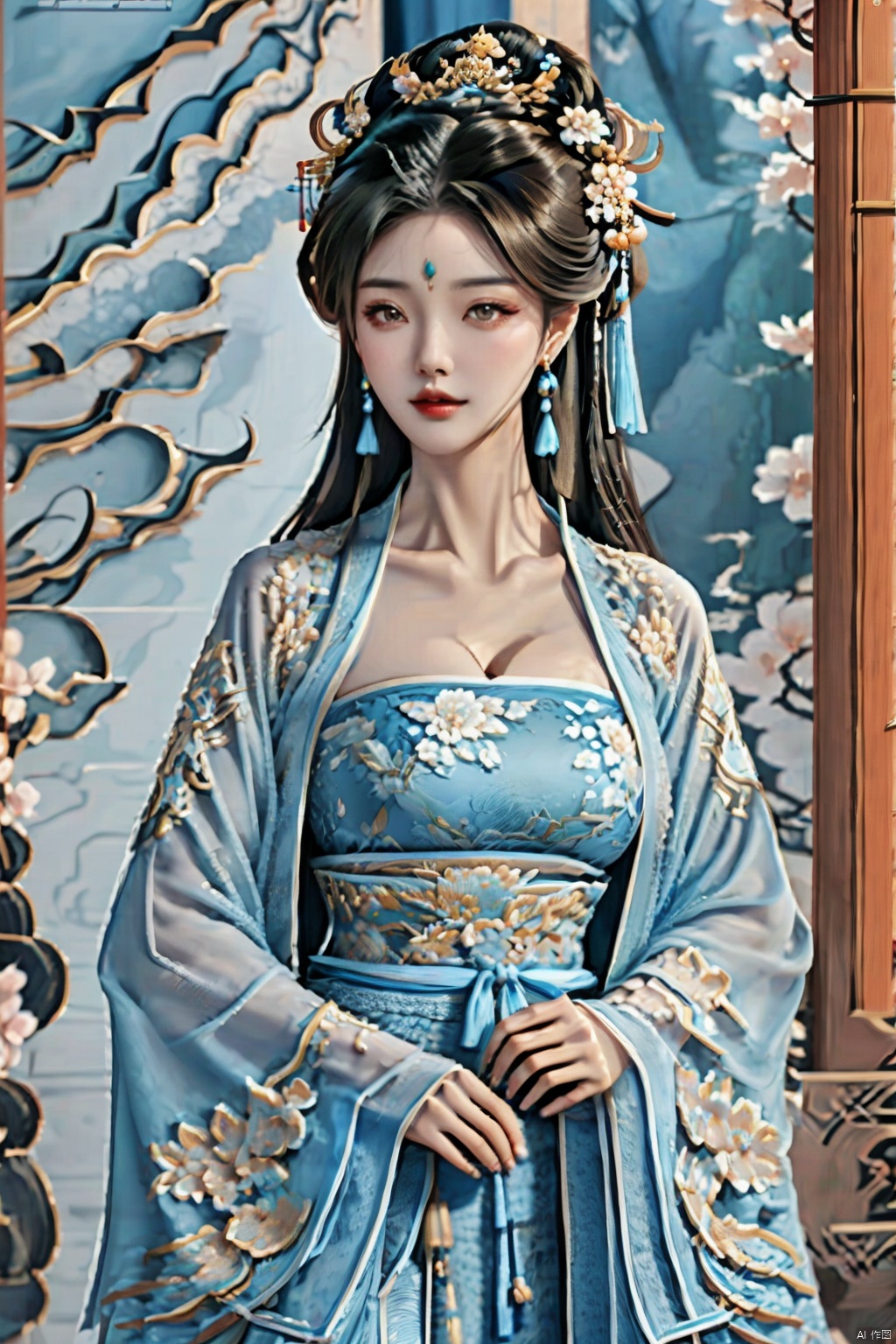  1girl,black hair,breasts,brown eyes,brown hair,chinese clothes,cleavage,collarbone,dress,earrings,floral print,flower,hair flower,hair ornament,light blue hanfu,jewelry,lips,long hair,looking at viewer,light blue dress,realistic,solo,standing,wide sleeves,, dofas