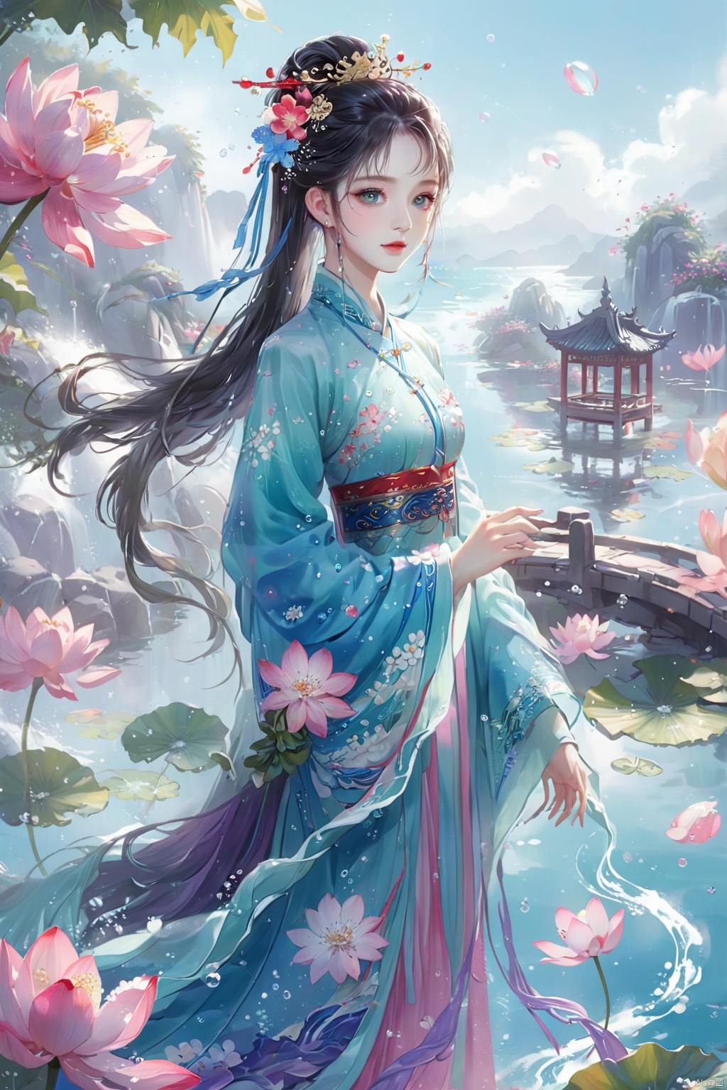 1 Girl, Laurie, petite, long hair, floating hair, messy hair, white hair, bow knot, braid, blue eyes, bright dress, floating, looking at the audience, feet soaking, goddess, water lily, lotus, ocean, partially submerged, bubbles, beach, berries, blue flowers, bouquet, foam, camellia, caustics, clover, coral, daisy, flower background, flowers, food, fruit, hibiscus, horizon, hydrangea, Water, leaves, lilies, lilies of the valley, petals on liquid, pink flowers, purple flowers, rain, red flowers, ripples, roses, shallow water, snowflakes, waves, white roses, yellow flowers, ((poakl)), Light master, glint sparkle, gonggongshi, traditional chinese ink painting, flower,flower, tyqp, shui, 1girl,short skirt,, see-through, Happy Water Park,huaxianzi, guofengZ, chineseclothes,dress, yue , hair ornament , hanfu, bailing_model,1girl, full body,japanese clothes, arien_hanfu, dancedress, See through, hanfu, xcfs