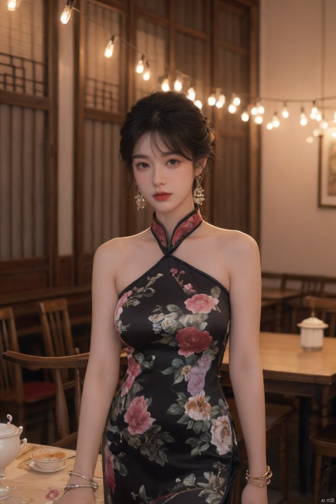1 Girl, looking at the audience, short hair, bangs, black hair, hair ornaments, black sleeveless cheongsam, bare shoulders, jewelry, flowers, earrings, nail polish, bracelets, makeup, cups, standing against chairs, flower prints, tables, red nails, tea cups, lanterns, red lips, lights, tea pots, vases, lifelike, high-definition picture quality, soft light.