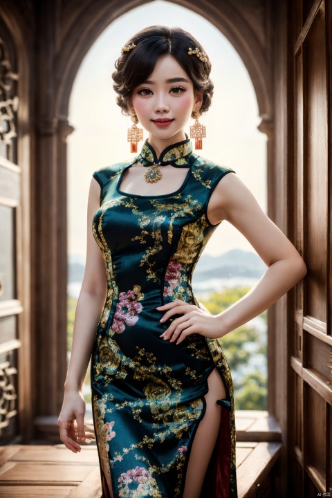  ((poakl)), chinese,(Global lighting, realism, ray tracing, HDR, rendering, reasonable design, high detail, masterpiece, best quality, ultra-high definition, movie lighting), 1 girl, looking at the audience, Chinese long dress (qipao), qipao pattern (Van Gogh's starry sky), headwear, necklace, earrings, crystals, jewelry, playful posture, smile, plump body, slender legs, young girl's body proportion, depth of field, blurred background, Chinese architectural interior (local), Chinese style, (high quality), best quality, (masterpiece), blurry background, rich colors, fine details, surrealism, 50mm lens, relaxed atmosphere. Portrait photography, 35mm film, naturally blurry, , universe sky theme, guofengZ1