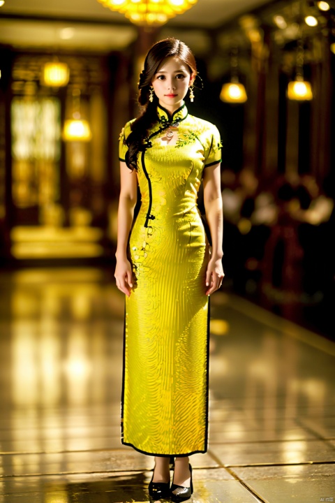 (Global lighting, realism, ray tracing, HDR, rendering, reasonable design, high detail, masterpiece, best quality, ultra-high definition, movie lighting), 1 girl, looking at the audience, Chinese long dress (qipao), qipao pattern (Van Gogh's starry sky), accessories, necklaces, earrings, crystals, jewelry, playful posture, smile, full body, slender legs, young girl's body proportion, depth of field, blurred background, Chinese architectural interior, Chinese style, (high quality), best quality, (masterpiece), blurry background, rich colors, fine details, surrealism, 50mm lens, relaxed atmosphere. Portrait photography, 35mm film, naturally blurry, ((poakl)),  , cute girl, cheongsam