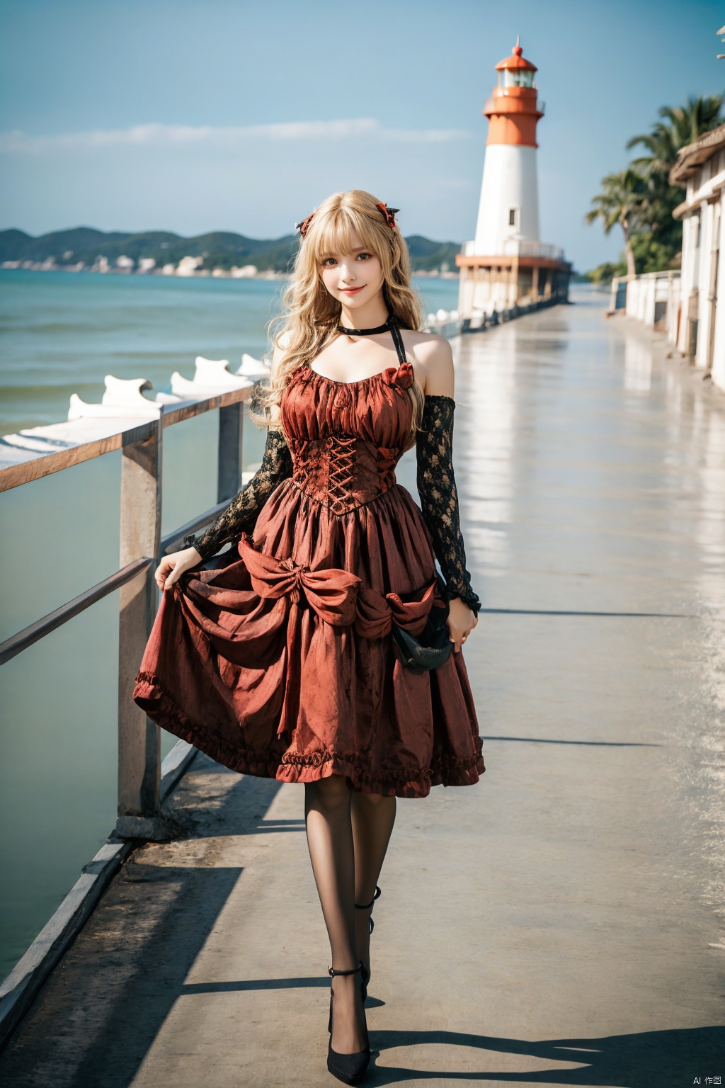 1 girl, (bright eyes, sun kissed skin, carefree expression), fashion, (colorful long skirt), playful posture, smile, full body, slender legs, young girl's body proportions, beach background, lighthouse, soft sea breeze, dynamic composition, golden hour lighting, blurred background, rich colors, fine details, surrealism, 50mm lens, relaxed atmosphere. Portrait photography, 35mm film, naturally blurry, ((poakl)), , dress, detached sleeves, thighhighs