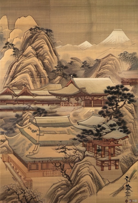 庭院,山,树,古风,工笔画。