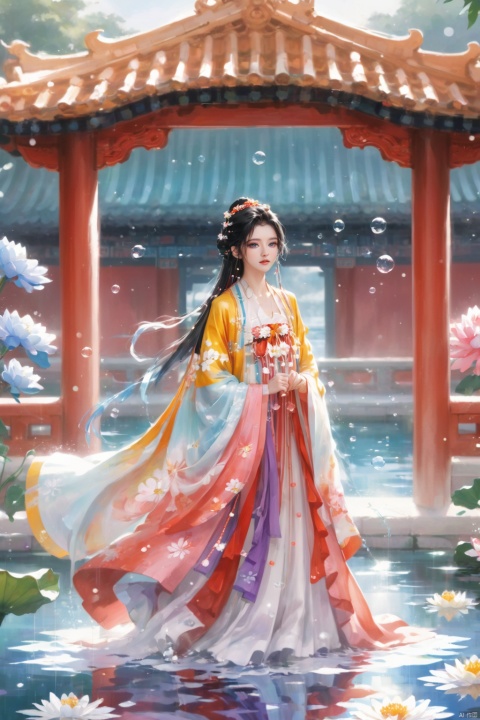 1 Girl, Laurie, petite, long hair, floating hair, messy hair, white hair, bow knot, braid, blue eyes, bright dress, floating, looking at the audience, feet soaking, goddess, water lily, lotus, ocean, partially submerged, bubbles, beach, berries, blue flowers, bouquet, foam, camellia, caustics, clover, coral, daisy, flower background, flowers, food, fruit, hibiscus, horizon, hydrangea, Water, leaves, lilies, lilies of the valley, petals on liquid, pink flowers, purple flowers, rain, red flowers, ripples, roses, shallow water, snowflakes, waves, white roses, yellow flowers, ((poakl)), Light master, glint sparkle, gonggongshi, traditional chinese ink painting, flower,flower, tyqp, shui, 1girl,short skirt,, see-through, Happy Water Park,huaxianzi, guofengZ, chineseclothes,dress, yue , hair ornament , hanfu, bailing_model,1girl, full body,japanese clothes, arien_hanfu