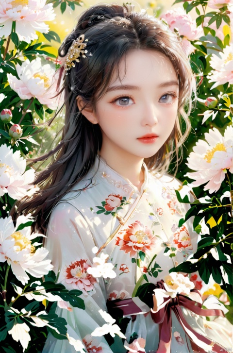  flower,tyqp, mLD,A girl, dressed in a white floral dress, lay among the peony bushes, with clear facial features and big and beautiful eyes. Sunshine, the whole picture is warm and vibrant. High resolution images, vibrant colors, bold patterns, modern style, influence of popular art, cheerful atmosphere, soft colors, close-up shots, professional photography, flower, qingyi, Xiuxian Sect, bailing_model, xcfs