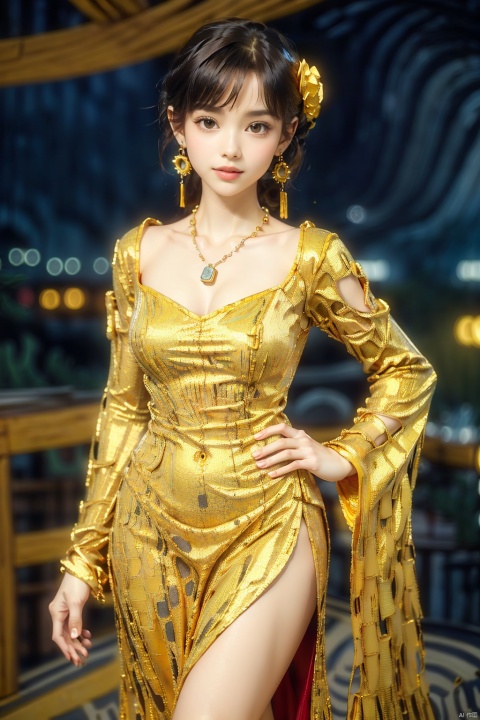 (Global lighting, realism, ray tracing, HDR, rendering, reasonable design, high detail, masterpiece, best quality, ultra-high definition, movie lighting) 1 girl, looking at the audience, long dress, patterns (Van Gogh's starry sky), accessories (necklaces, earrings, crystals), (gemstones), playful posture, smile, plump body, slender legs, young girl's body proportion, relaxed atmosphere, depth of field, Chinese architecture, interior, (High quality), Best quality, (Masterpiece), Blurred background, Rich colors, Fine details, Realism, 50mm lens, Portrait photography, 35mm film, Natural blur, , ((poakl)), , vg