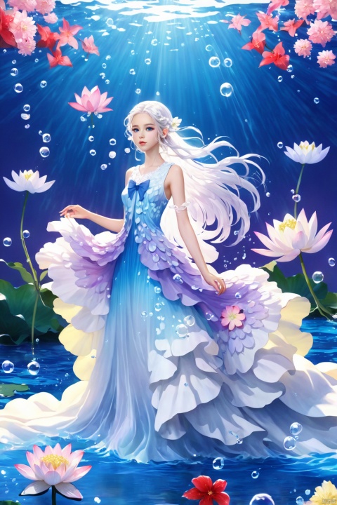 1 Girl, Laurie, petite, long hair, floating hair, messy hair, white hair, bow knot, braid, blue eyes, bright dress, floating, looking at the audience, feet soaking, goddess, water lily, lotus, ocean, partially submerged, bubbles, beach, berries, blue flowers, bouquet, foam, camellia, caustics, clover, coral, daisy, flower background, flowers, food, fruit, hibiscus, horizon, hydrangea, Water, leaves, lilies, lilies of the valley, petals on liquid, pink flowers, purple flowers, rain, red flowers, ripples, roses, shallow water, snowflakes, waves, white roses, yellow flowers, bailing_model, ((poakl)), , concept clothing 