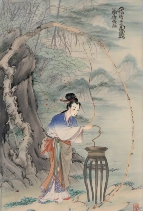 一个女人,在水边赏月过中秋,古风,工笔画。