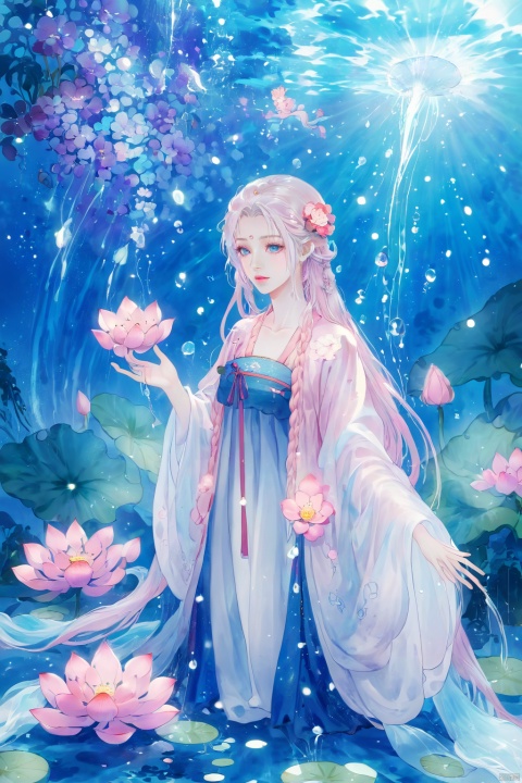 1 Girl, Laurie, petite, long hair, floating hair, messy hair, white hair, bow knot, braid, blue eyes, bright dress, floating, looking at the audience, feet soaking, goddess, water lily, lotus, ocean, partially submerged, bubbles, beach, berries, blue flowers, bouquet, foam, camellia, caustics, clover, coral, daisy, flower background, flowers, food, fruit, hibiscus, horizon, hydrangea, Water, leaves, lilies, lilies of the valley, petals on liquid, pink flowers, purple flowers, rain, red flowers, ripples, roses, shallow water, snowflakes, waves, white roses, yellow flowers, ((poakl)), Light master, glint sparkle, gonggongshi, traditional chinese ink painting, flower,flower, tyqp, shui, 1girl,short skirt,, see-through, Happy Water Park,huaxianzi, guofengZ, chineseclothes,dress, yue , hair ornament , hanfu, bailing_model,1girl, full body