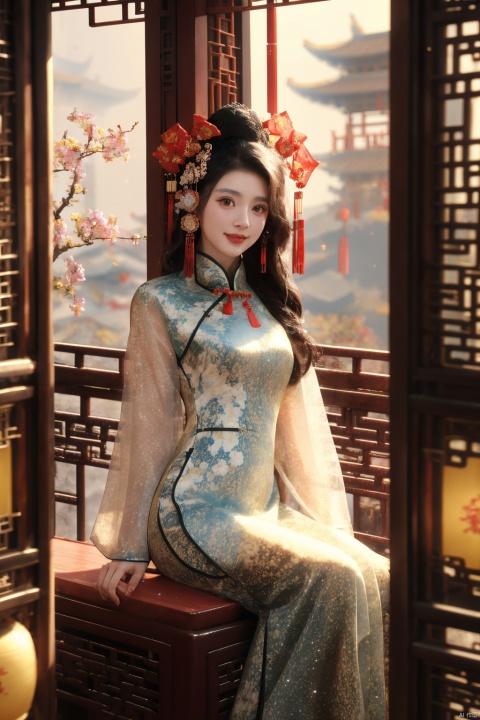  ((poakl)), chinese,(Global lighting, realism, ray tracing, HDR, rendering, reasonable design, high detail, masterpiece, best quality, ultra-high definition, movie lighting), 1 girl, looking at the audience, Chinese long dress (qipao), qipao pattern (Van Gogh's starry sky), headwear, necklace, earrings, crystals, jewelry, playful posture, smile, plump body, slender legs, young girl's body proportion, depth of field, blurred background, Chinese architectural interior (local), Chinese style, (high quality), best quality, (masterpiece), blurry background, rich colors, fine details, surrealism, 50mm lens, relaxed atmosphere. Portrait photography, 35mm film, naturally blurry, , universe sky theme, chinese,chinese new year