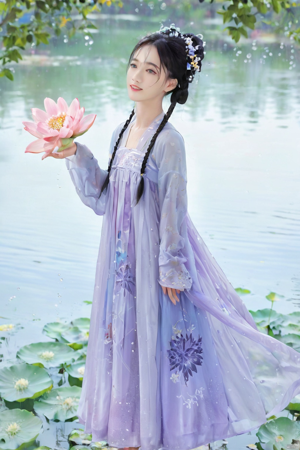 1 Girl, Laurie, petite, long hair, floating hair, messy hair, white hair, bow knot, braid, blue eyes, bright dress, floating, looking at the audience, feet soaking, goddess, water lily, lotus, ocean, partially submerged, bubbles, beach, berries, blue flowers, bouquet, foam, camellia, caustics, clover, coral, daisy, flower background, flowers, food, fruit, hibiscus, horizon, hydrangea, Water, leaves, lilies, lilies of the valley, petals on liquid, pink flowers, purple flowers, rain, red flowers, ripples, roses, shallow water, snowflakes, waves, white roses, yellow flowers, ((poakl)), Light master, glint sparkle, gonggongshi, traditional chinese ink painting, flower,flower, tyqp, shui, 1girl,short skirt,, see-through, Happy Water Park,huaxianzi, guofengZ, chineseclothes,dress, yue , hair ornament , hanfu, bailing_model,1girl, full body,japanese clothes, arien_hanfu, dancedress, See through, hanfu