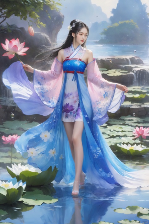 1 Girl, Laurie, petite, long hair, floating hair, messy hair, white hair, bow knot, braid, blue eyes, bright dress, floating, looking at the audience, feet soaking, goddess, water lily, lotus, ocean, partially submerged, bubbles, beach, berries, blue flowers, bouquet, foam, camellia, caustics, clover, coral, daisy, flower background, flowers, food, fruit, hibiscus, horizon, hydrangea, Water, leaves, lilies, lilies of the valley, petals on liquid, pink flowers, purple flowers, rain, red flowers, ripples, roses, shallow water, snowflakes, waves, white roses, yellow flowers, ((poakl)), Light master, glint sparkle, gonggongshi, traditional chinese ink painting, flower,flower, tyqp, shui, 1girl,short skirt,, see-through, Happy Water Park,huaxianzi, guofengZ, chineseclothes,dress, yue , hair ornament , hanfu, bailing_model,1girl, full body,japanese clothes, arien_hanfu, dancedress, See through, hanfu, xcfs, NVZ, Denim jumpsuit
