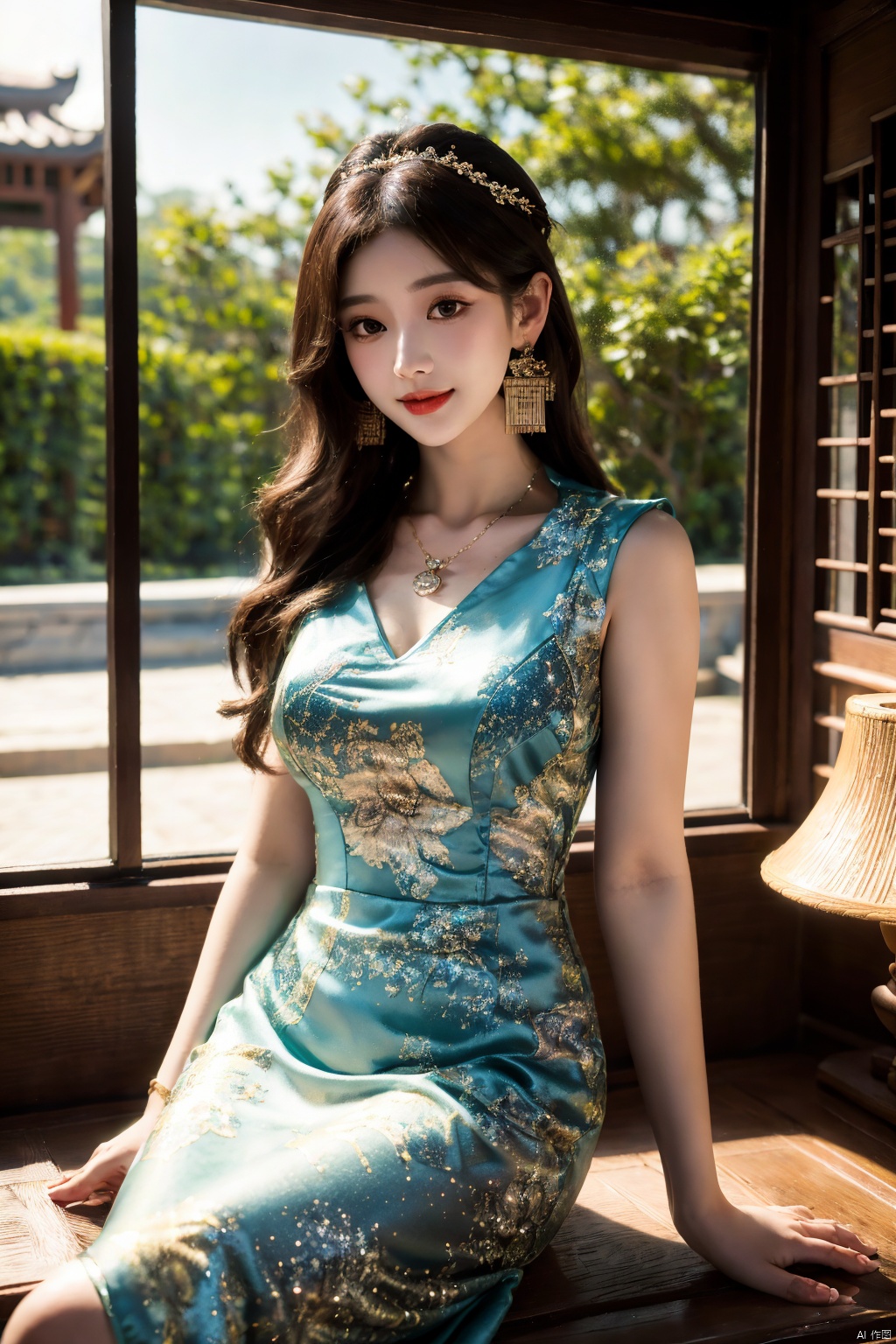  ((poakl)), chinese,(Global lighting, realism, ray tracing, HDR, rendering, reasonable design, high detail, masterpiece, best quality, ultra-high definition, movie lighting), 1 girl, looking at the audience, Chinese long dress (qipao), qipao pattern (Van Gogh's starry sky), headwear, necklace, earrings, crystals, jewelry, playful posture, smile, plump body, slender legs, young girl's body proportion, depth of field, blurred background, Chinese architectural interior (local), Chinese style, (high quality), best quality, (masterpiece), blurry background, rich colors, fine details, surrealism, 50mm lens, relaxed atmosphere. Portrait photography, 35mm film, naturally blurry, , universe sky theme, guofengZ1