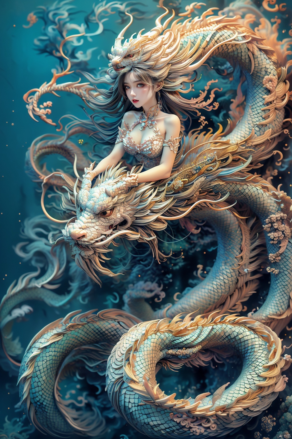A girl with long hair, front, elegant, sexy, cool and gorgeous, a white dragon hovering over her, colorful, crystal, peony, fashionable, depth of field, semi transparent, (masterpiece, top quality, best quality, official art, beauty and aesthetics: 1.2)