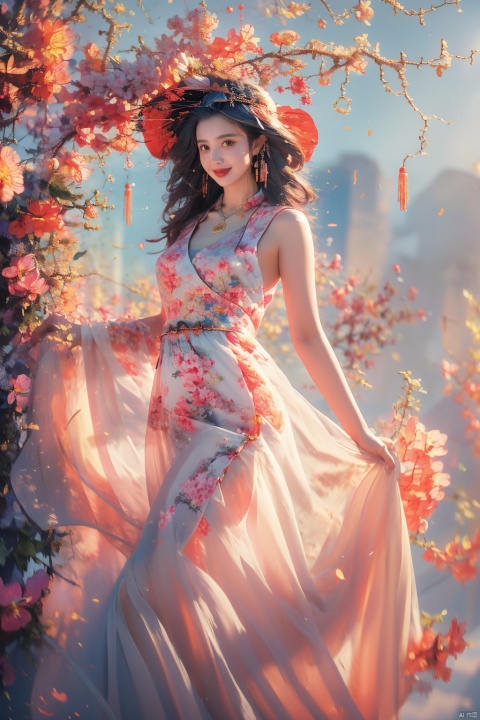  ((poakl)), chinese,(Global lighting, realism, ray tracing, HDR, rendering, reasonable design, high detail, masterpiece, best quality, ultra-high definition, movie lighting), 1 girl, looking at the audience, Chinese long dress (qipao), qipao pattern (Van Gogh's starry sky), headwear, necklace, earrings, crystals, jewelry, playful posture, smile, plump body, slender legs, young girl's body proportion, depth of field, blurred background, Chinese architectural interior (local), Chinese style, (high quality), best quality, (masterpiece), blurry background, rich colors, fine details, surrealism, 50mm lens, relaxed atmosphere. Portrait photography, 35mm film, naturally blurry, sdmai