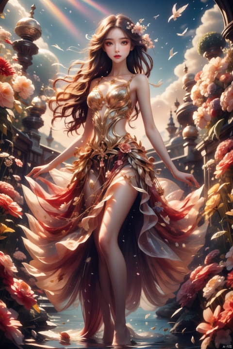  flower,flower,A girl, so elegant, so noble, as if she were a fairy descending from heaven. Her figure is so soft and beautiful, as if a graceful swan is dancing gracefully in the water. Her dress sparkled in the sunlight, like a treasure chest adorned with countless pearls. High resolution images, vibrant colors, bold patterns, modern style, pop art, cheerful atmosphere, soft colors, professional photography,