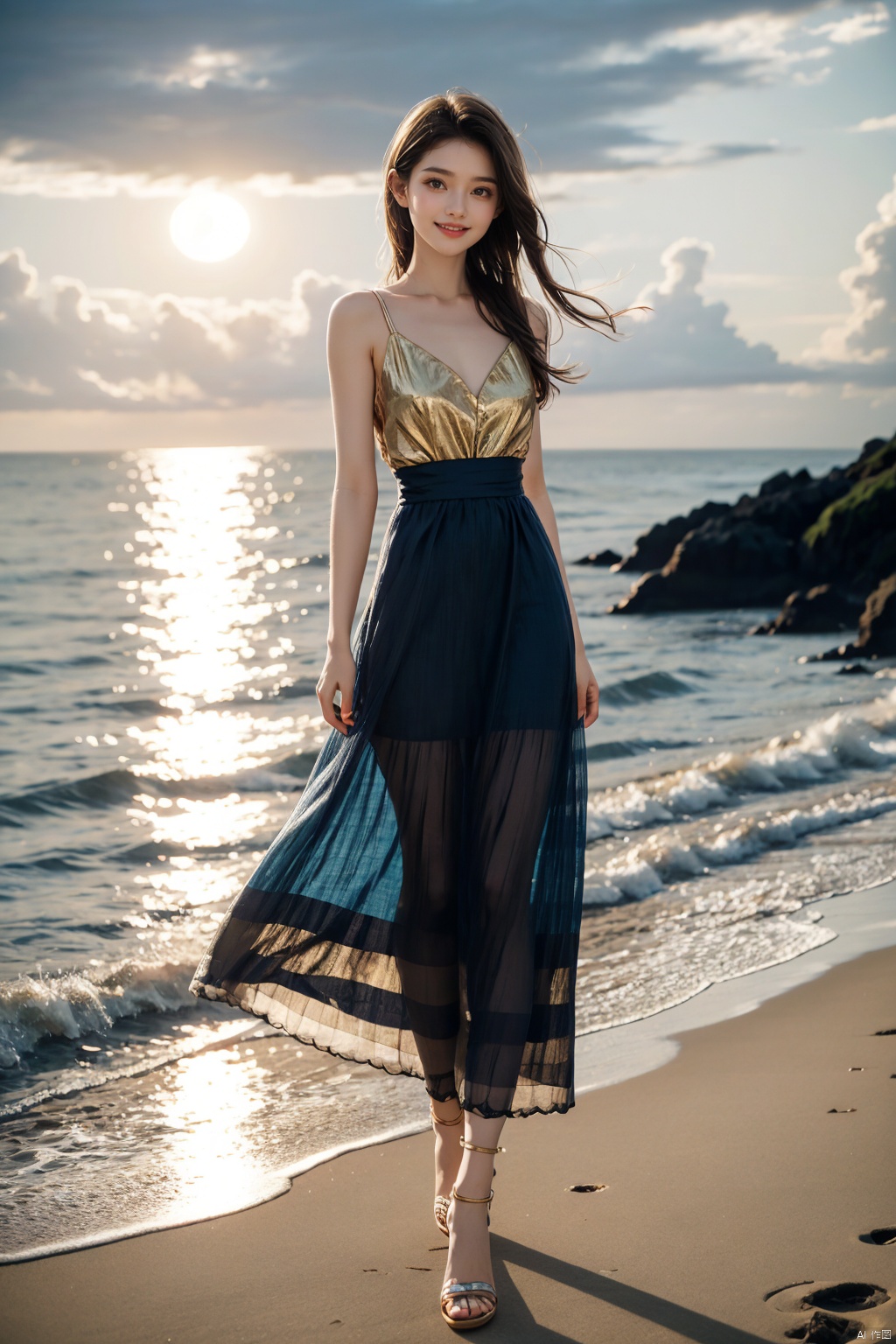 1 girl, (bright eyes, sun kissed skin, carefree expression), fashion, (colorful long skirt), playful posture, smile, full body, slender legs, young girl's body proportions, beach background, lighthouse, soft sea breeze, dynamic composition, golden hour lighting, blurred background, rich colors, fine details, surrealism, 50mm lens, relaxed atmosphere. Portrait photography, 35mm film, naturally blurry, ((poakl)), dress