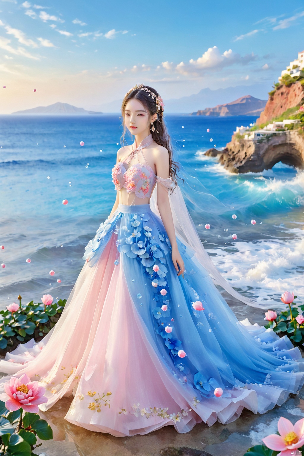 1 Girl, Laurie, petite, long hair, floating hair, messy hair, white hair, bow knot, braid, blue eyes, bright dress, floating, looking at the audience, feet soaking, goddess, water lily, lotus, ocean, partially submerged, bubbles, beach, berries, blue flowers, bouquet, foam, camellia, caustics, clover, coral, daisy, flower background, flowers, food, fruit, hibiscus, horizon, hydrangea, Water, leaves, lilies, lilies of the valley, petals on liquid, pink flowers, purple flowers, rain, red flowers, ripples, roses, shallow water, snowflakes, waves, white roses, yellow flowers, ((poakl)), Light master, glint sparkle, gonggongshi, traditional chinese ink painting, flower,flower, tyqp, shui, 1girl,short skirt,, see-through, Happy Water Park,huaxianzi, guofengZ, chineseclothes,dress, yue , hair ornament , hanfu, bailing_model,1girl, full body,japanese clothes, arien_hanfu, dancedress, See through, hanfu, xcfs, NVZ, Denim jumpsuit, (lolita)