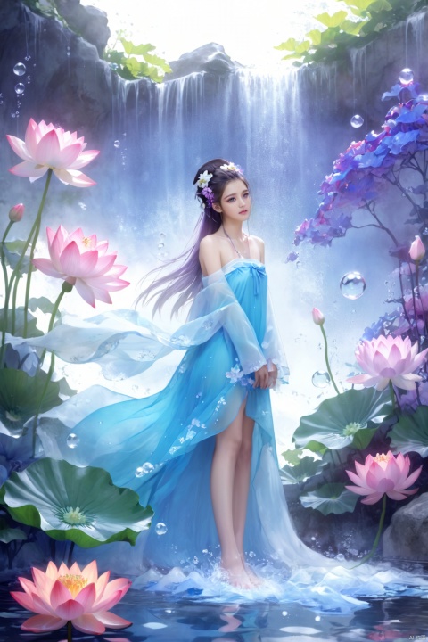 1 Girl, Laurie, petite, long hair, floating hair, messy hair, white hair, bow knot, braid, blue eyes, bright dress, floating, looking at the audience, feet soaking, goddess, water lily, lotus, ocean, partially submerged, bubbles, beach, berries, blue flowers, bouquet, foam, camellia, caustics, clover, coral, daisy, flower background, flowers, food, fruit, hibiscus, horizon, hydrangea, Water, leaves, lilies, lilies of the valley, petals on liquid, pink flowers, purple flowers, rain, red flowers, ripples, roses, shallow water, snowflakes, waves, white roses, yellow flowers, ((poakl)), Light master, glint sparkle, gonggongshi, traditional chinese ink painting, flower,flower, tyqp, shui, 1girl,short skirt,, see-through, Happy Water Park,huaxianzi, guofengZ, chineseclothes,dress, yue , hair ornament , hanfu, bailing_model,1girl, full body,japanese clothes