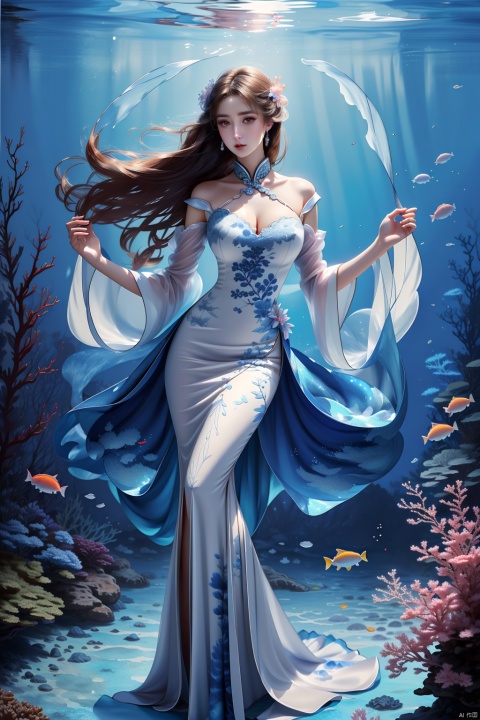  best quality,highly detailed,masterpiece,ultra-detailed,illustration,solo,an extremely delicate and beautiful,8k_wallpaper,extremely detailed,an extremely delicate and beautiful girl,world masterpiece theater,dynamic angle,focus_on_face,full body,1girl,multiple_girls

Enchanting mermaid with iridescent scales and flowing seafoam hair, swimming gracefully in a crystal-clear ocean, surrounded by colorful coral reefs and mystical underwater creatures, creating a sense of wonder and mystery, captured in a dreamy and ethereal watercolor painting., cute girl, , chinese dress,white dress