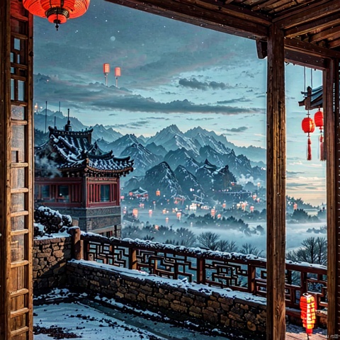  1girl,红枫,,红枫,Da Shan, Xue Shan, the New Year scenery of China, mist and colorful clouds, natural and harmonious colors, rows of small houses at the foot of the mountain, emitting soft lights, large red lanterns hanging on the door without words, a beautiful woman standing at the entrance, fireworks in the sky, gentle moonlight, looking very quiet and healing style, 8K, beautiful and Zen like, looking very infectious, the winter in the south has snow scenery, Centered around mountains, gufeng, OUT7033