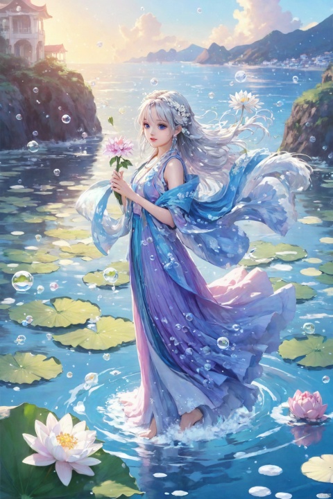 1 Girl, Laurie, petite, long hair, floating hair, messy hair, white hair, bow knot, braid, blue eyes, bright dress, floating, looking at the audience, feet soaking, goddess, water lily, lotus, ocean, partially submerged, bubbles, beach, berries, blue flowers, bouquet, foam, camellia, caustics, clover, coral, daisy, flower background, flowers, food, fruit, hibiscus, horizon, hydrangea, Water, leaves, lilies, lilies of the valley, petals on liquid, pink flowers, purple flowers, rain, red flowers, ripples, roses, shallow water, snowflakes, waves, white roses, yellow flowers, bailing_model, ((poakl)), ,1girl, Miao clothing