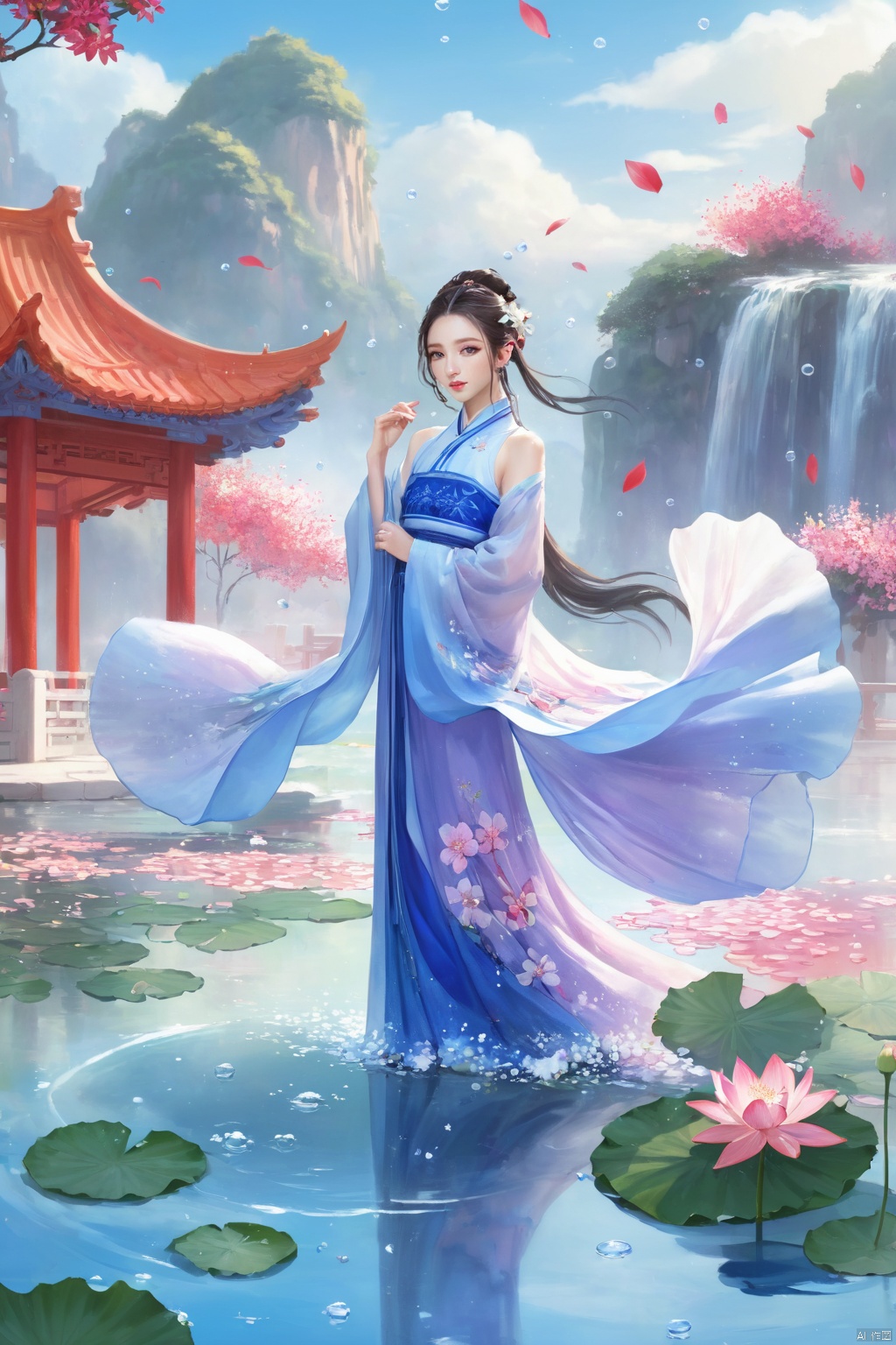 1 Girl, Laurie, petite, long hair, floating hair, messy hair, white hair, bow knot, braid, blue eyes, bright dress, floating, looking at the audience, feet soaking, goddess, water lily, lotus, ocean, partially submerged, bubbles, beach, berries, blue flowers, bouquet, foam, camellia, caustics, clover, coral, daisy, flower background, flowers, food, fruit, hibiscus, horizon, hydrangea, Water, leaves, lilies, lilies of the valley, petals on liquid, pink flowers, purple flowers, rain, red flowers, ripples, roses, shallow water, snowflakes, waves, white roses, yellow flowers, ((poakl)), Light master, glint sparkle, gonggongshi, traditional chinese ink painting, flower,flower, tyqp, shui, 1girl,short skirt,, see-through, Happy Water Park,huaxianzi, guofengZ, chineseclothes,dress, yue , hair ornament , hanfu, bailing_model,1girl, full body,japanese clothes, arien_hanfu, dancedress, See through, hanfu, xcfs, NVZ, Denim jumpsuit, (lolita), qipao