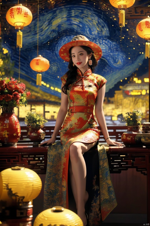  ((poakl)), chinese,(Global lighting, realism, ray tracing, HDR, rendering, reasonable design, high detail, masterpiece, best quality, ultra-high definition, movie lighting), 1 girl, looking at the audience, Chinese long dress (qipao), qipao pattern (Van Gogh's starry sky), headwear, necklace, earrings, crystals, jewelry, playful posture, smile, plump body, slender legs, young girl's body proportion, depth of field, blurred background, Chinese architectural interior (local), Chinese style, (high quality), best quality, (masterpiece), blurry background, rich colors, fine details, surrealism, 50mm lens, relaxed atmosphere. Portrait photography, 35mm film, naturally blurry,