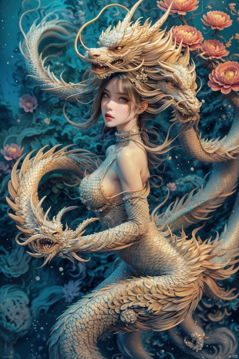 A girl with long hair, front, elegant, sexy, cool and gorgeous, a white dragon hovering over her, colorful, crystal, peony, fashionable, depth of field, semi transparent, (masterpiece, top quality, best quality, official art, beauty and aesthetics: 1.2)