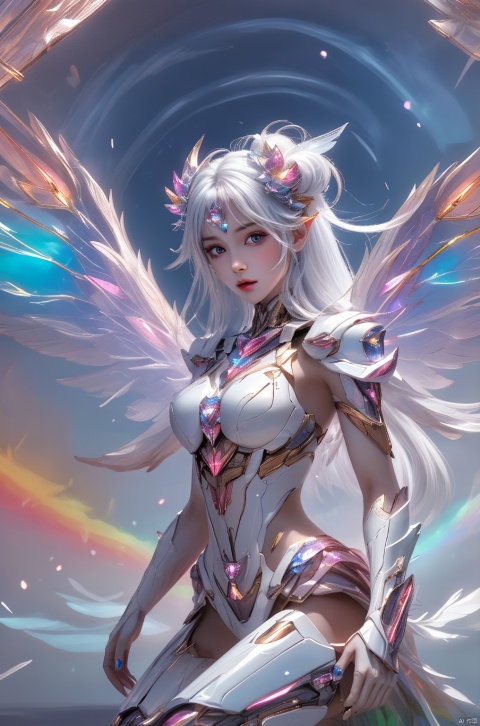  1girl,crystal wings, Fairy, white Mecha, All the Colours of the Rainbow,