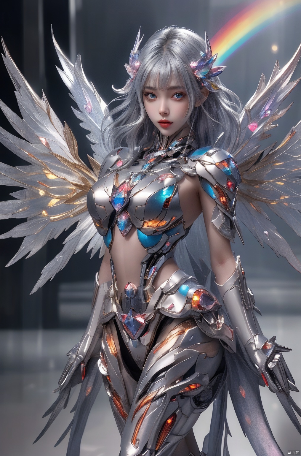  1girl,crystal wings, Fairy, silver Mecha, All the Colours of the Rainbow,