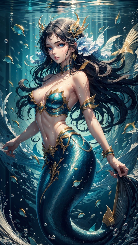  Masterpiece, Best quality,solo,upper body,facing the audience,up close,(full body:1.2),A mermaid, beauty, blue-black hair, long hair, all wet, bare collarbones, half-naked breasts, medium breasts, delicate features, beautiful face, beautiful eyes, big eyes, delicate eyes, super detail, holding a trident in hand, the background is the sea, the waves, the waves, the sexy posture, the silver glittering fish scale, the armor plate of the fish scale, Nine heads, small waists, full bodies, sexy bodies, delicate lips, blue fins, the sea is roaring,Blue eyes, beautiful eyes, beautiful mouth, fair skin, clean face,