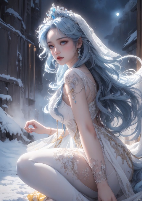  (Masterpiece:1.2), best quality, (night sky, wery long blue hair:1.2),(illustration:1.2), beautiful scenery, scared,(Masterfully crafted Glow, lens flare), (ultra-detailed), hyper details, (delicate detailed), (intricate details), (cinematic light, best quality Backlights), clear line, new world, viewer, solo female, perfect body, (1female), (Bright bioluminescent hair hair, bright glowing eyes), (Dynamic:1.3), ((makeup)), high contrast, (best illumination, an extremely delicate and beautiful), ((cinematic moonlight)), colourful, ((Photoshop Pastel Painting:1.1)), ethereal, (Cinematic masterpiece),suspense, splashes of colour, absolutely eye-catching, ((caustic)), dynamic angle ,beautiful (detailed glow), (eerie),(Intricate Detailed Cinematic Scenery Behind:1.2),ambient occlusion, (ambient moonlight), ray-traced reflections, intricately detailed visible background, night snow storm, stars, very long curly white hair, ice queen, white and light blue gothic royal dress with embroidery, long embroidered stockings, crystals and pearls, big halo shaped crown, ice crystals around, snow storm, mature woman, 1girl,yellow_footwear,high_heels, Shifengji