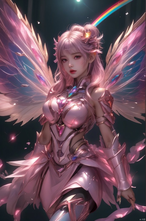  1girl,crystal wings, Fairy, pink Mecha, All the Colours of the Rainbow,