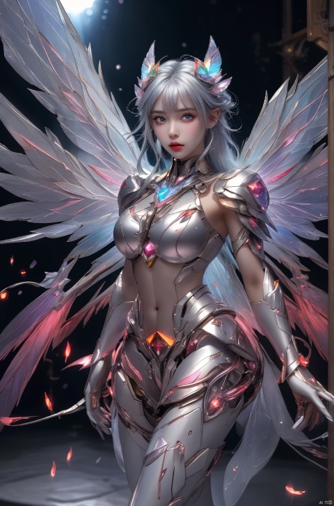  1girl,crystal wings, Fairy, silver Mecha, All the Colours of the Rainbow,