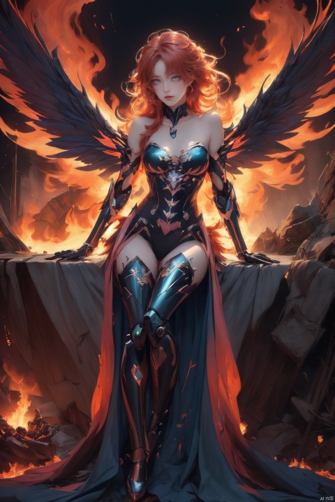  ((asterpiece)),((best quality)),(ultra-detailed),(illustration),((an extremely delicate and beautiful)),(dynamic angle),science fiction,Mechanical wing,Metal wings,Mecha wing,(mecha clothes:1.1),robot girl,beautiful ,(bare shoulders),（Bare thigh）(posture:1.5),(Theatrical perspective1.5),(overall view:1.2),
{Machine armour, huge size},niitomoru,china,1girl,(beautiful detailed eyes),cute pink eyes,green pupil,detailed face,messy floating hair,disheveled hair,focus,perfect hands,{Dynamic hair (fire)}, {Gradual hair (fire)}, Mixed color, {Red hair}, {Orange hair}, {Blue hair},(Botanical illustration:1.2),