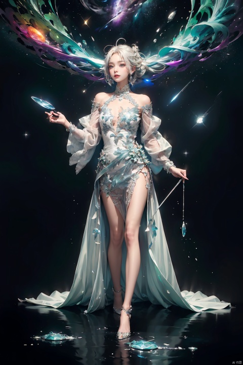  (((green, silver, glimmer)), limited palette, contrast, phenomenal aesthetic, best quality, sumptuous artwork, (masterpiece), (best quality), (ultra-detailed),(((illustration))), ((an extremely delicate and beautiful)),(detailed light),1girl,cold theme, broken glass, broken wall,((an array of stars)),((starry sky)),the Milky Way,star,Reflecting the starry water surface,(1girl:1.3)aqua theme,white hair,blinking,white dress,closed mouth,constel lation,flat color,noline art,full Glass sphere,girl inside glass sphere,white hair,braid,blinking,white robe,bust \(sculpture\),barefoot,float,closed mouth,constel lation,flat color,holding,holding wand,looking up,standing,male focus,medium hair,standing,solo,space,universe,utaite(singer),Nebula,many stars,,
