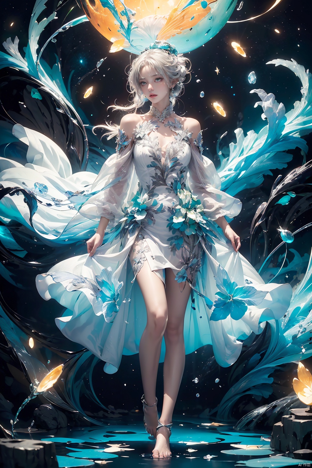  (((green, silver, glimmer)), limited palette, contrast, phenomenal aesthetic, best quality, sumptuous artwork, (masterpiece), (best quality), (ultra-detailed),(((illustration))), ((an extremely delicate and beautiful)),(detailed light),1girl,cold theme, broken glass, broken wall,((an array of stars)),((starry sky)),the Milky Way,star,Reflecting the starry water surface,(1girl:1.3)aqua theme,white hair,blinking,white dress,closed mouth,constel lation,flat color,noline art,full Glass sphere,girl inside glass sphere,white hair,braid,blinking,white robe,bust \(sculpture\),barefoot,float,closed mouth,constel lation,flat color,holding,holding wand,looking up,standing,male focus,medium hair,standing,solo,space,universe,utaite(singer),Nebula,many stars,,
